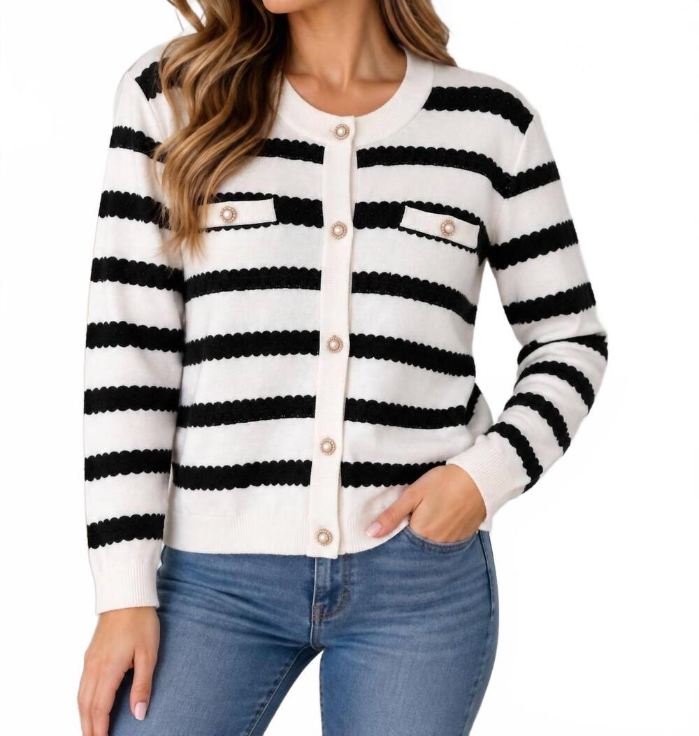 NEW MINNIE ROSE striped crew neck cardigan in starch black